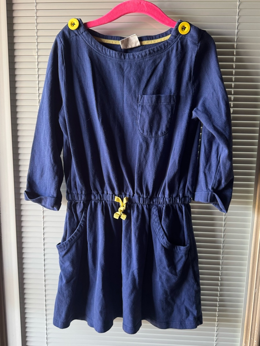 Mini Boden Navy Knit Dress Girls Size 5-6Y Long Sleeve Button Shoulder Pockets